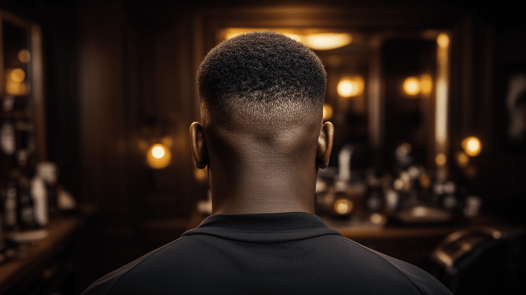 Ultra-photorealistic studio portrait of a Black Male with a Taper Fade hairstyle. They are facing away. The camera is pulled back for a full-head view. Background: Moody, high-end vintage barbershop with deep espresso tones and warm bokeh. Cinematic amber rim lighting. Sharp focus, professional 8k photography.