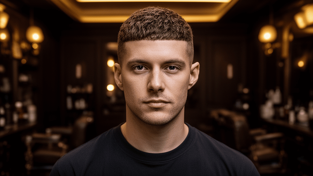 Ultra-photorealistic studio portrait of a White Male with a Textured Crop hairstyle. They are facing forward. The camera is pulled back for a full-head view. Background: Moody, high-end vintage barbershop with deep espresso tones and warm bokeh. Cinematic amber rim lighting. Sharp focus, professional 8k photography.