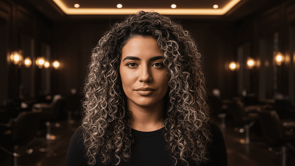 Ultra-photorealistic studio portrait of a Hispanic Female with a Textured Layers hairstyle. They are facing forward. The camera is pulled back for a full-head view. Background: Moody, high-end luxury hair salon with deep espresso tones and warm bokeh. Cinematic amber rim lighting. Sharp focus, professional 8k photography.