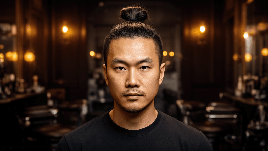 Ultra-photorealistic studio portrait of a Asian Male with a Top Knot hairstyle. They are facing forward. The camera is pulled back for a full-head view. Background: Moody, high-end vintage barbershop with deep espresso tones and warm bokeh. Cinematic amber rim lighting. Sharp focus, professional 8k photography.