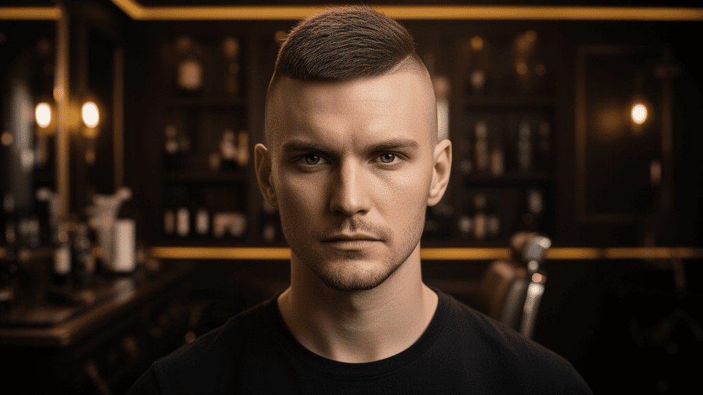Ultra-photorealistic studio portrait of a White Male with an Undercut hairstyle. They are facing forward. The camera is pulled back for a full-head view. Background: Moody, high-end vintage barbershop with deep espresso tones and warm bokeh. Cinematic amber rim lighting. Sharp focus, professional 8k photography.