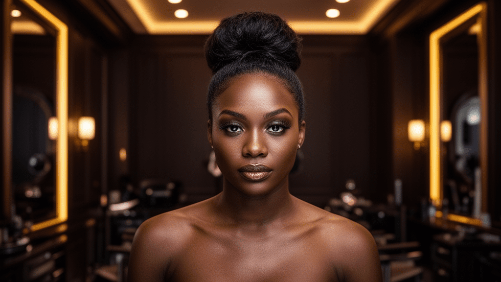 Ultra-photorealistic studio portrait of a Black Female with an Updo hairstyle. They are facing forward. The camera is pulled back for a full-head view. Background: Moody, high-end luxury hair salon with deep espresso tones and warm bokeh. Cinematic amber rim lighting. Sharp focus, professional 8k photography.