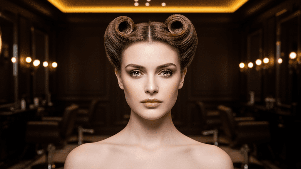 Ultra-photorealistic studio portrait of a White Female with a Victory Rolls hairstyle. They are facing forward. The camera is pulled back for a full-head view. Background: Moody, high-end luxury hair salon with deep espresso tones and warm bokeh. Cinematic amber rim lighting. Sharp focus, professional 8k photography.