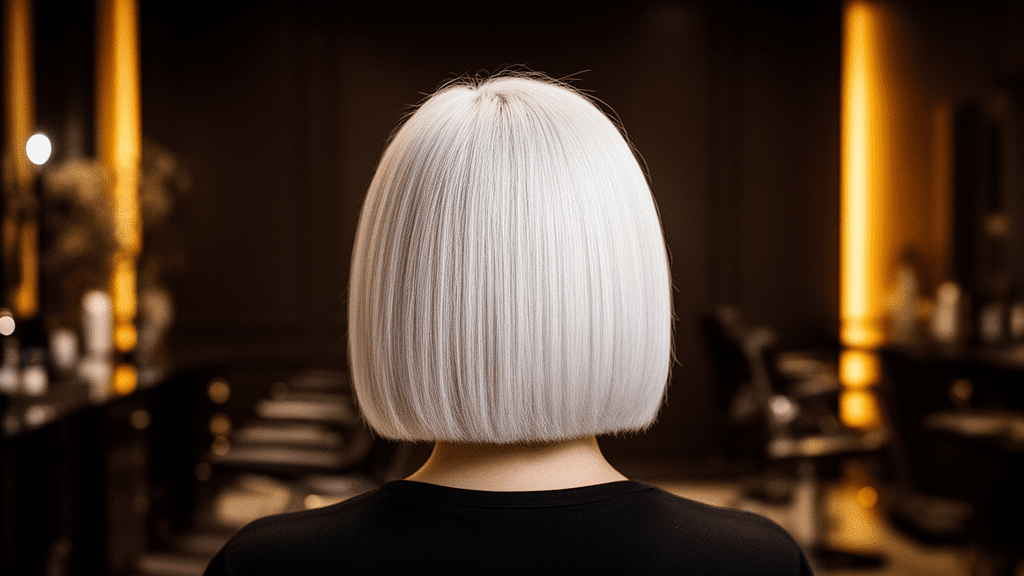 Ultra-photorealistic studio portrait of a White Female with a Wedge Cut hairstyle. They are facing away. The camera is pulled back for a full-head view. Background: Moody, high-end luxury hair salon with deep espresso tones and warm bokeh. Cinematic amber rim lighting. Sharp focus, professional 8k photography.