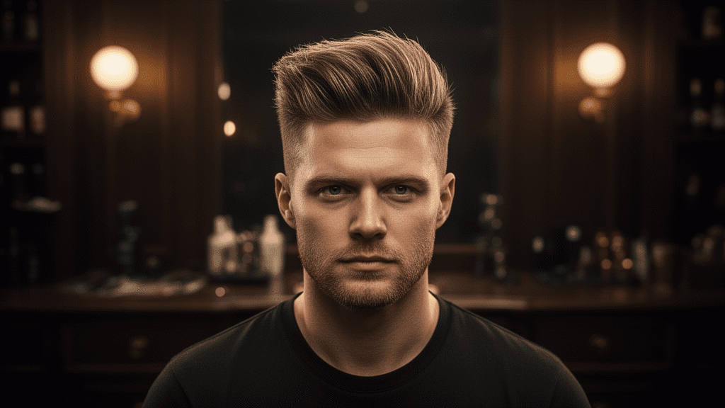 Ultra-photorealistic studio portrait of a White Male with a Wings hairstyle. They are facing forward. The camera is pulled back for a full-head view. Background: Moody, high-end vintage barbershop with deep espresso tones and warm bokeh. Cinematic amber rim lighting. Sharp focus, professional 8k photography.